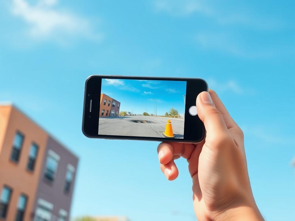 A smartphone held up to photograph a city building, symbolizing capturing community issues for reporting.