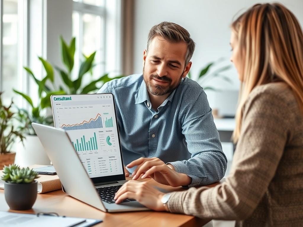 A professional consultant analyzing data on a laptop with operational