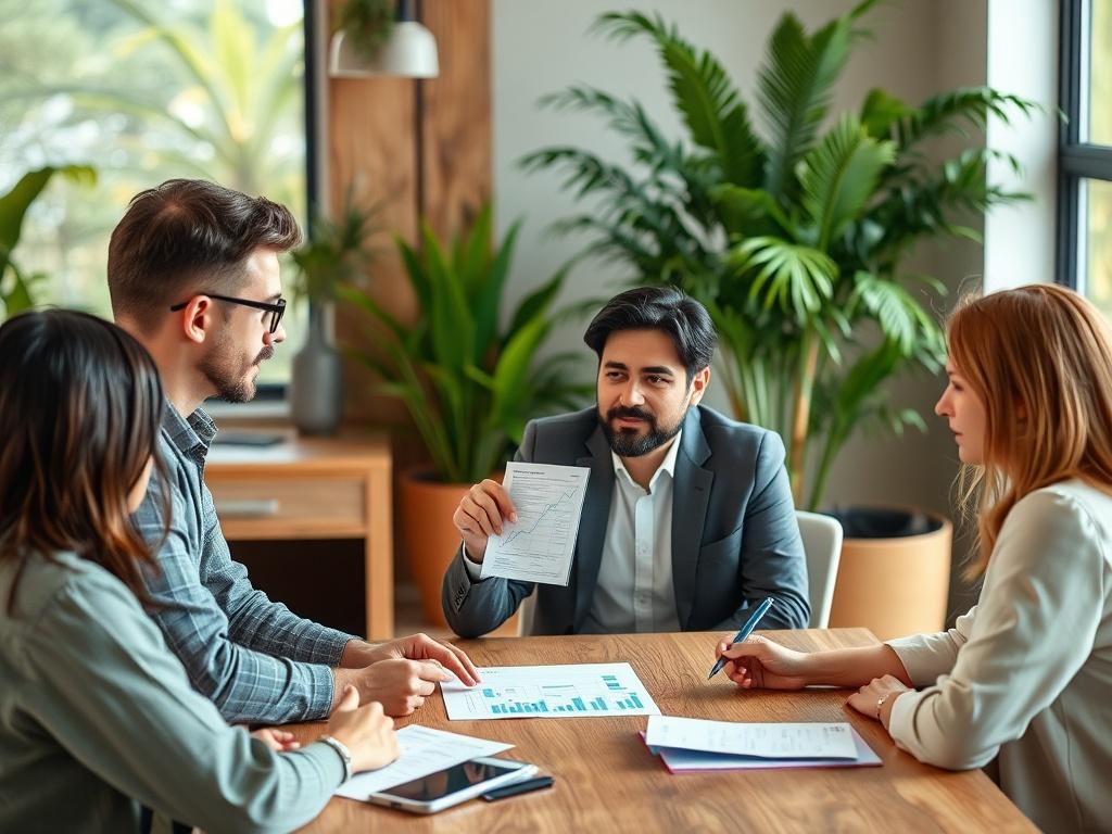 A focused business consultant sitting at a desk, discussing strategic
