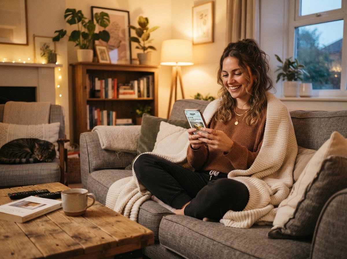 A happy customer relaxing at home knowing their packages are safe with Package Sitters