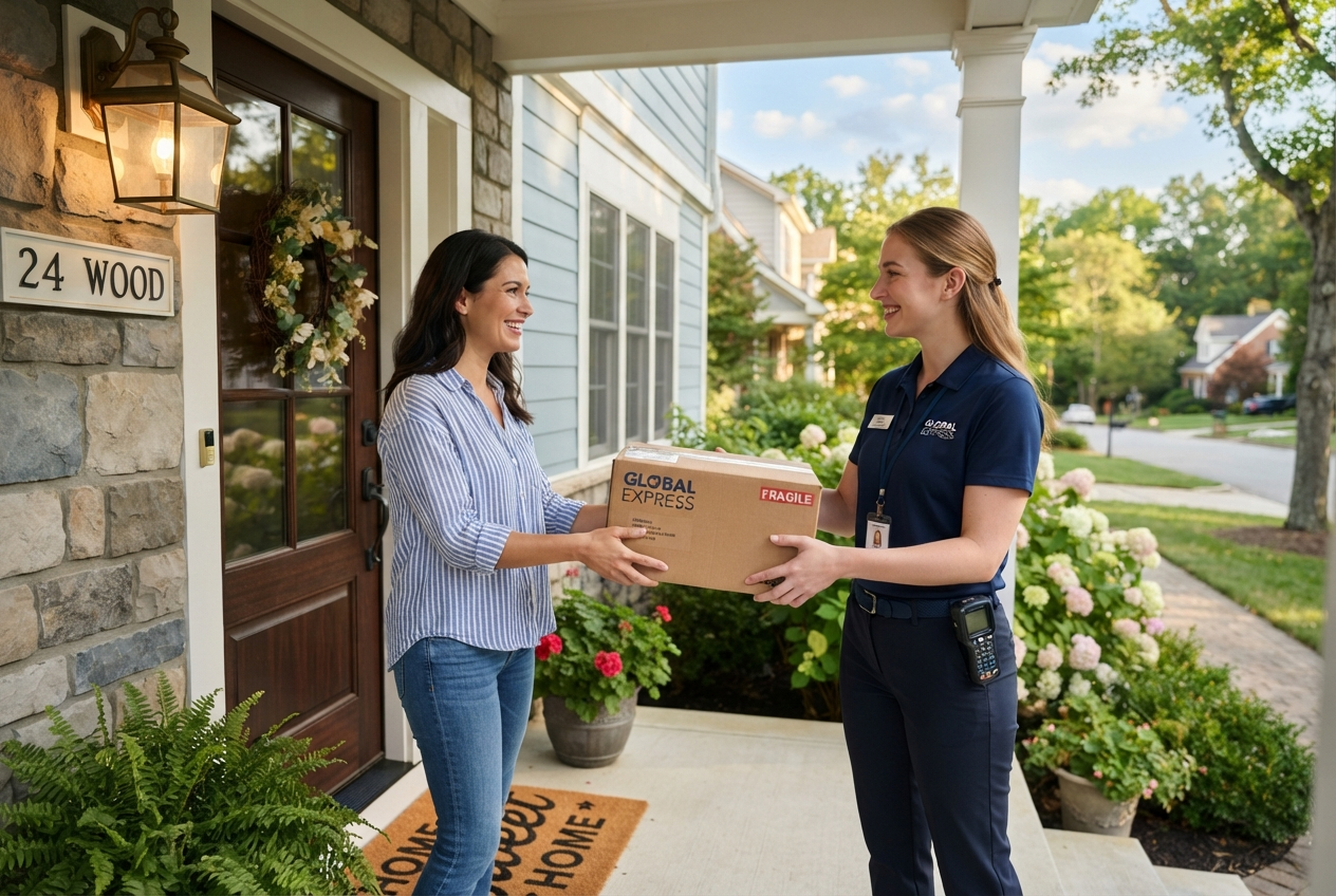 Package Sitters delivery person handing a package to a happy customer