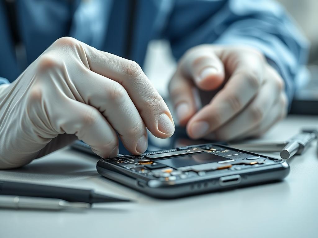 A hyper-realistic close-up shot of a mobile phone being repaired, focusing on the charging port area. The image captures a technician's hands working meticulously on the device, showcasing tools beside them. The background is softly blurred, emphasizing the phone and the intricate details of the repair process, with a color palette that incorporates shades of blue and grey to match the primary color rgb(10, 42, 67). The lighting is bright but soft, highlighting the precision and care involved in the repair.