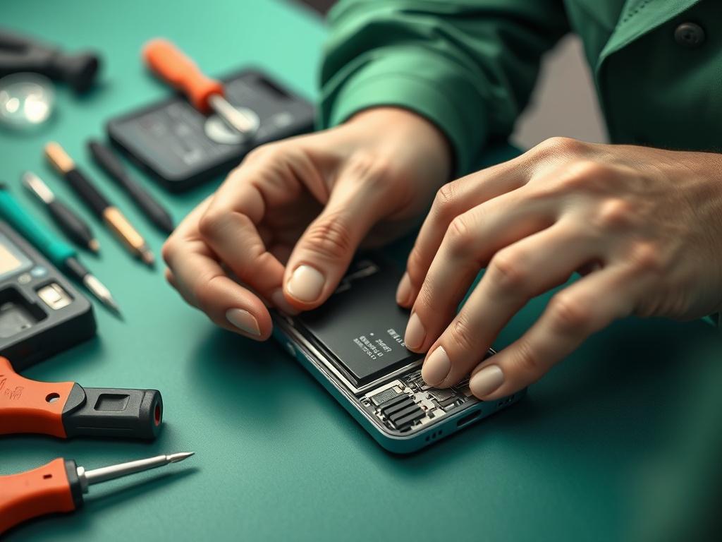 A focused image of a technician replacing a smartphone battery,