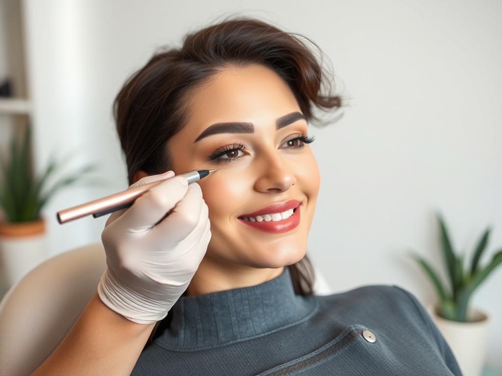 A clean, modern beauty studio setting with a focus on a client receiving a touch-up for their eyebrow tattoo. The artist uses fine tools to enhance the definition of the client's brows. The background features calming colors, creating a tranquil environment. Soft lighting highlights the precision of the artist’s work. The client appears relaxed and happy, reflecting satisfaction with their previous eyebrow tattoo, making it appealing for others to consider touch-ups for their own brows.