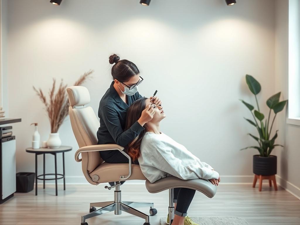 A serene, minimalist beauty studio with soft lighting. Focus on a stylish tattooing chair and a professional artist gently working on a client’s eyebrow. The backdrop features calming, neutral colors and natural elements like plants. The artist demonstrates precision and artistry, showcasing a close-up of their work in progress, emphasizing the natural blend of the eyebrow tattoo with the client's hair. The overall atmosphere conveys tranquility and professionalism, inviting potential clients to experience 