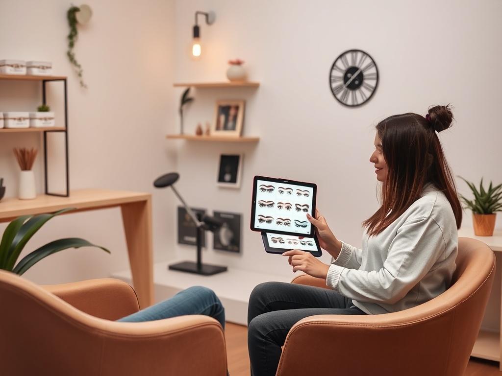 A cozy consultation room in a beauty studio with a friendly artist discussing brow designs with a client. The artist shows various brow shape options on a tablet. The setting has soft, inviting colors, and beauty-related decor. The atmosphere is warm and welcoming, encouraging open communication. The focus is on the artist's attentive demeanor and the client's engaged expression, indicating a personalized approach to eyebrow design consultation, appealing to those seeking expert advice before their tattoo.
