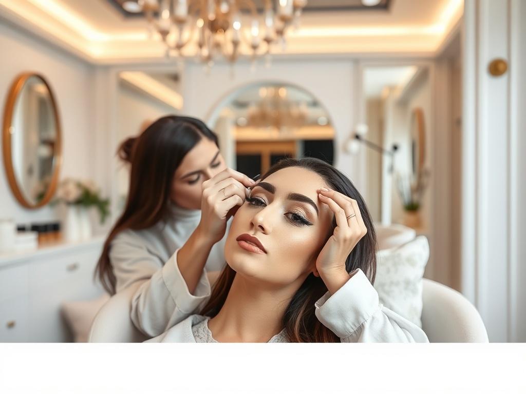 A luxurious brow perfection session in a chic studio. The artist is applying the finishing touches to a client's brows, showcasing artistry and precision. The background features elegant decor and soft lighting, creating a warm, inviting atmosphere. The focus is on the artistry of the brows and the satisfaction of the client, highlighting the transformation.