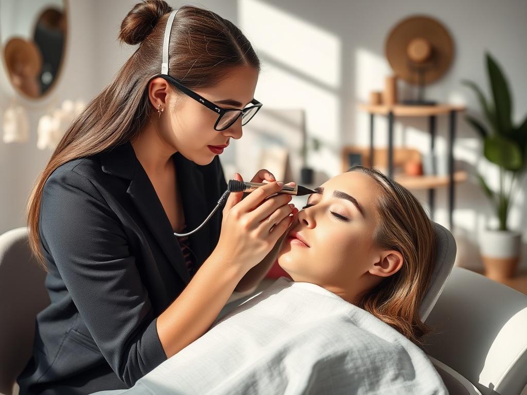 An inviting brow enhancement session in a modern studio. A skilled artist carefully works on a client's brows, using advanced tools. The studio features natural lighting, showcasing the artist's precision. The background includes subtle decor elements that reflect a calming and professional atmosphere, with a focus on the artist and client interaction.