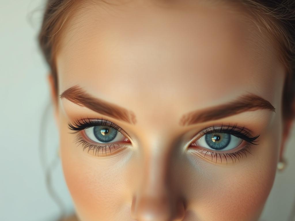 A close-up of beautifully shaped eyebrow tattoos on a model's face, showcasing a natural look. The background should be minimalistic with soft colors, emphasizing the eyebrows. The lighting should be soft and warm, highlighting the natural beauty of the eyebrows without any distractions.