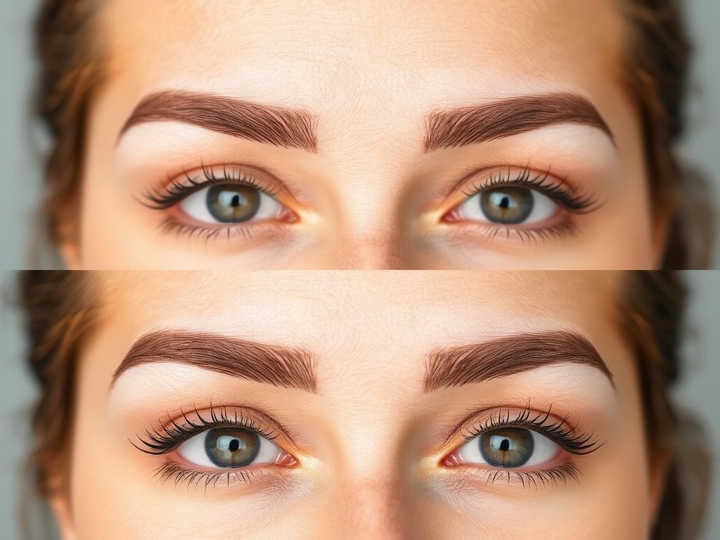 A before-and-after collage of a client's eyebrows, showing the transformation from natural to beautifully tattooed brows. The background should be neutral, focusing on the eyebrow details, with a clear distinction between the two images to highlight the transformation.
