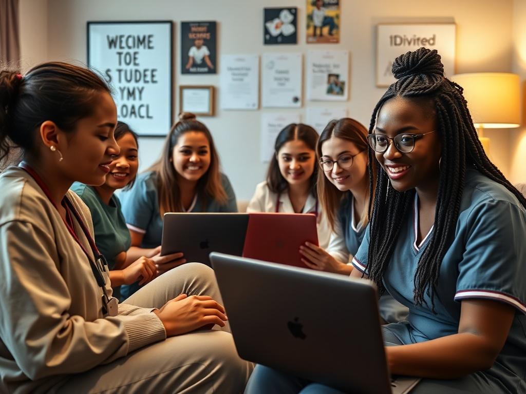 A focused, high-resolution close-up shot of a group of diverse nursing students engaged in a virtual study session on Zoom. The students are seated in a cozy study space, each with a laptop open in front of them, displaying the Zoom interface. The environment is well-lit, with motivational study materials visible in the background. The composition emphasizes collaboration and active learning, highlighting the students' attentive expressions and the warmth of the study environment.