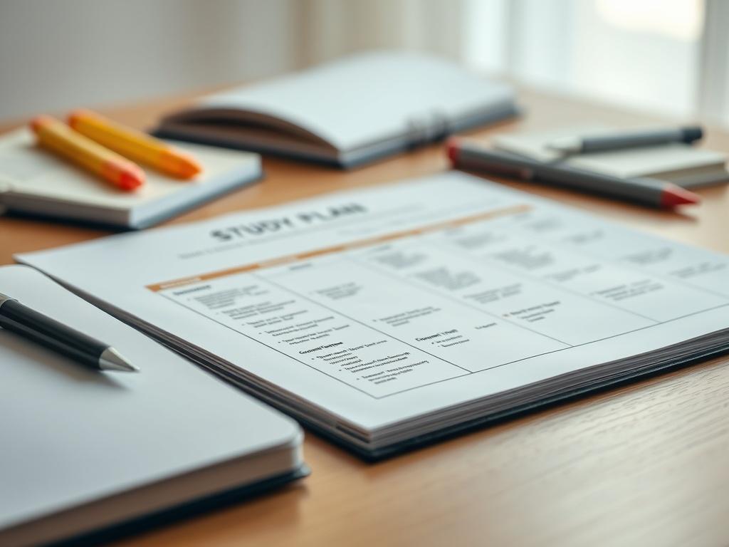 A close-up photograph of a study plan on a desk, with a notebook, pen, and highlighters nearby. The study plan is neatly organized, showcasing timelines and key topics. The background is soft and warm to create an inviting study atmosphere, shot with a 45mm f/1.2 lens.