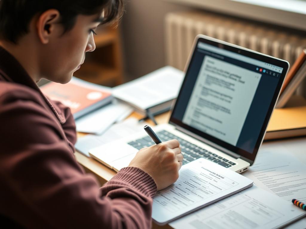 A close-up photograph of a student studying with a laptop open, displaying practice questions on the screen. The student is focused and taking notes, with study materials spread around. The background is softly blurred to emphasize the student and their work, shot with a 45mm f/1.2 lens.
