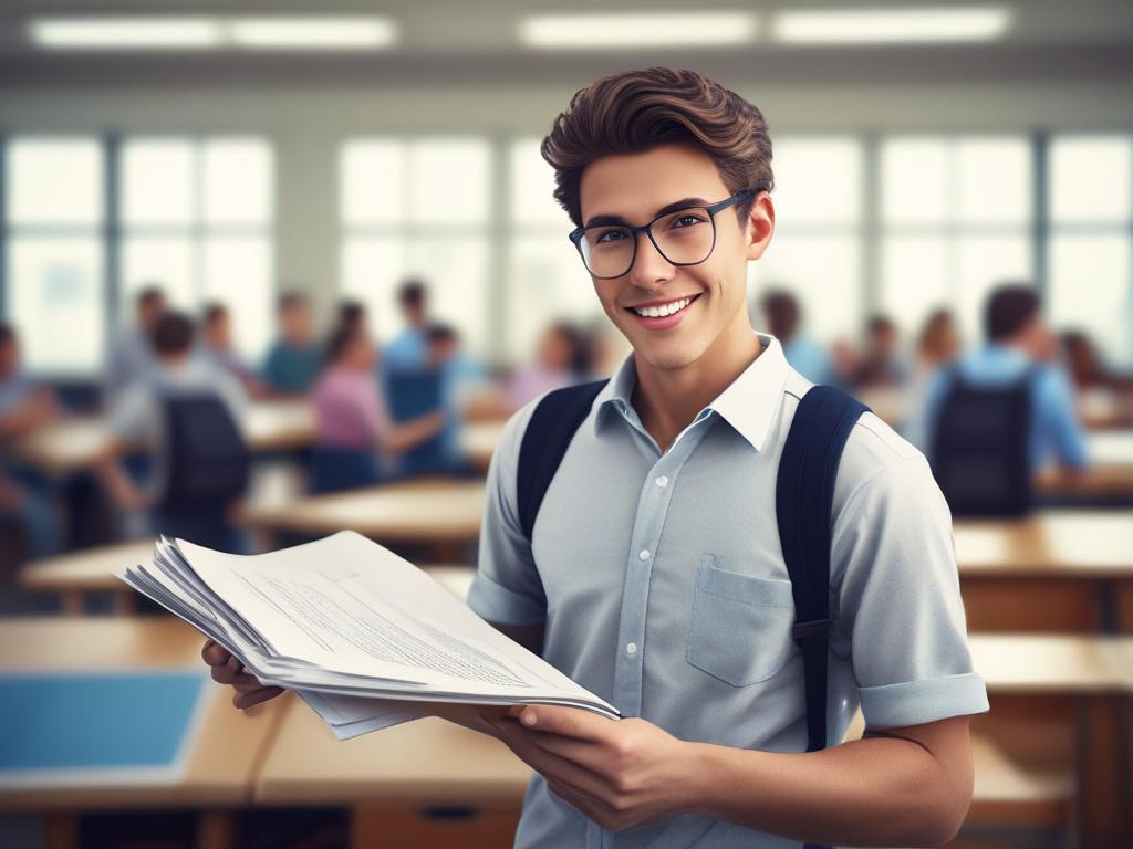 A close-up, hyper-realistic photo of a confident young student holding admission documents and textbooks related to professional courses. The background is a clean, bright classroom or study environment with subtle green accents matching rgb(50, 170, 39). The image is shot with a 45mm f/1.2 lens style, focusing sharply on the student's face and hands, conveying determination and readiness.