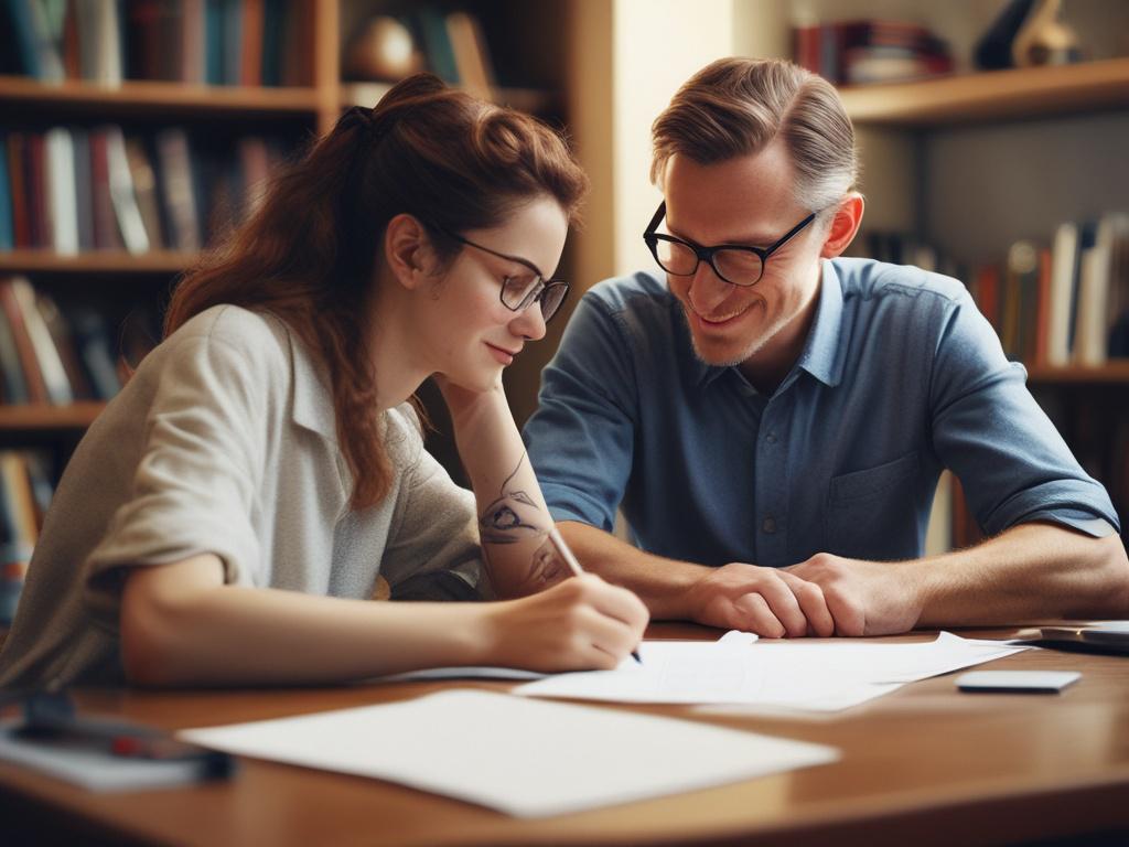 A hyper-realistic, close-up shot of a professional tutor teaching a student at home, captured with a 45mm f/1.2 lens style. The tutor is engaging and focused, with educational materials like books and a laptop visible. The background is a cozy, well-lit home study environment with a hint of green accents matching rgb(50, 170, 39) to subtly reflect the primary color. The composition is simple and clear, highlighting the connection between tutor and student.